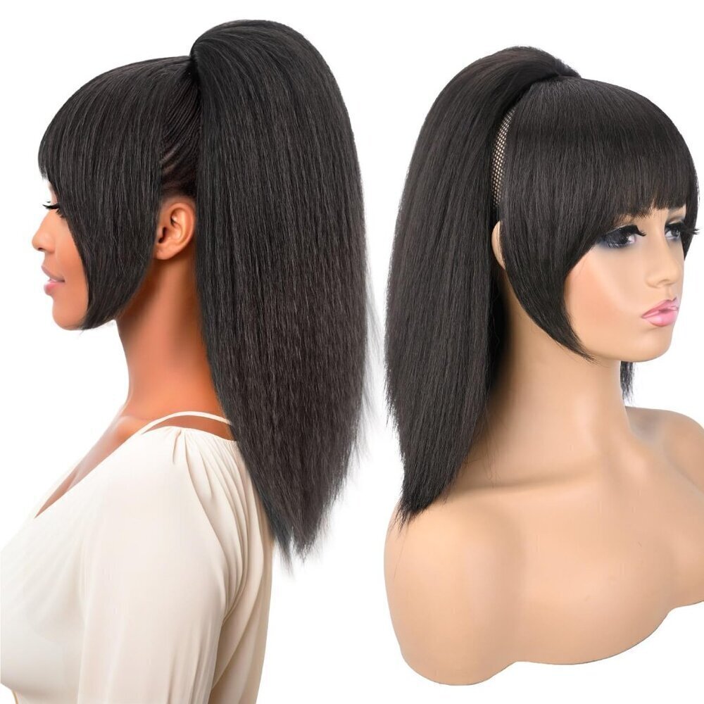 Ponytail Extension with Bangs for Black Women Yaki Straight Drawstring Ponytail